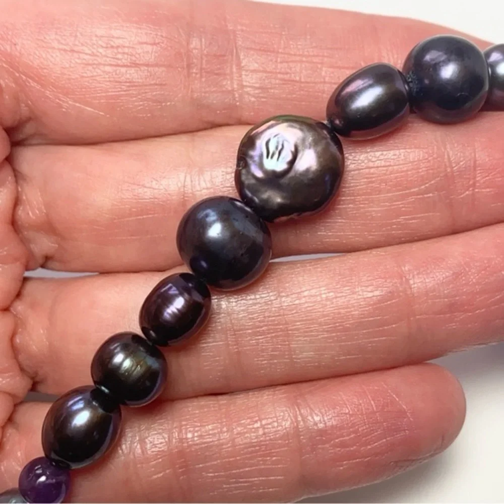 Genuine Freshwater Peacock Baroque Pearls & Amethyst Beads 925 Silver‎ Bracelet